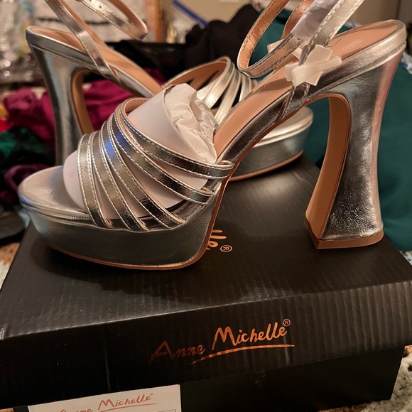 Anne Michelle Metallic Silver Strappy Heels - Picture 3 of 6